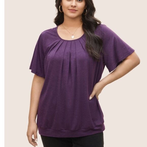 BloomChic Plus Size XL Solid Plicated Detail Flutter Sleeve T-shirt  us14-16 - Picture 1 of 4